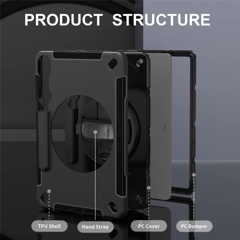 For Samsung Galaxy Tab S11 Case Kickstand PC + TPU Tablet Cover with Pen Slot, Shoulder Strap - Black