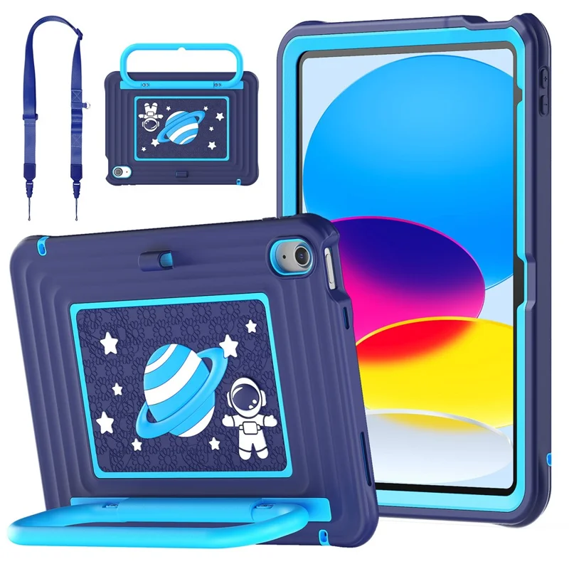 Kids Tablet Case for iPad (2025)  /  10.9 (2022) Silicone PC Cover with Kickstand   /  Shoulder Strap - Navy Blue