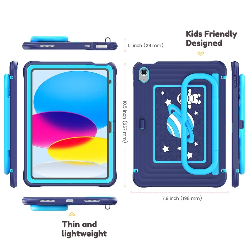 Kids Tablet Case for iPad (2025)  /  10.9 (2022) Silicone PC Cover with Kickstand   /  Shoulder Strap - Navy Blue