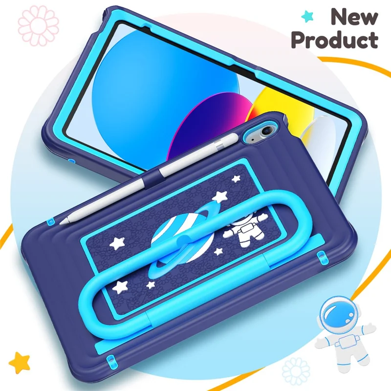 Kids Tablet Case for iPad (2025)  /  10.9 (2022) Silicone PC Cover with Kickstand   /  Shoulder Strap - Navy Blue