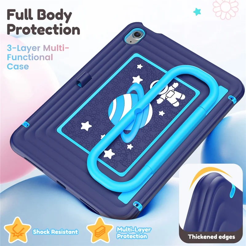 Kids Tablet Case for iPad (2025)  /  10.9 (2022) Silicone PC Cover with Kickstand   /  Shoulder Strap - Navy Blue