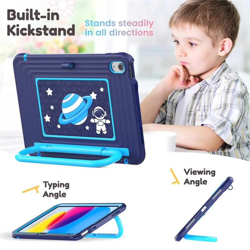 Kids Tablet Case for iPad (2025)  /  10.9 (2022) Silicone PC Cover with Kickstand   /  Shoulder Strap - Navy Blue