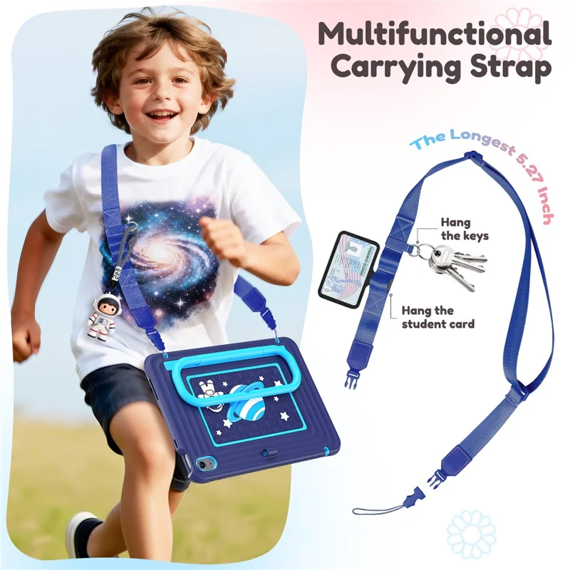 Kids Tablet Case for iPad (2025)  /  10.9 (2022) Silicone PC Cover with Kickstand   /  Shoulder Strap - Navy Blue