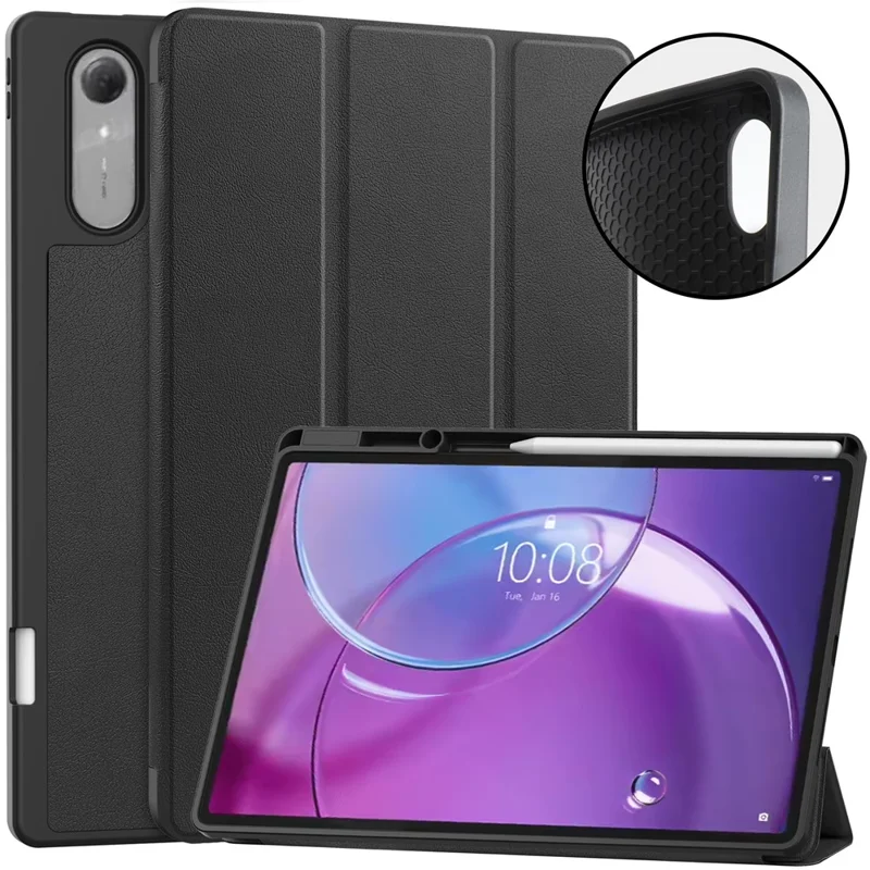 For Lenovo Idea Tab Pro Gen 2 Stand Case Shock-Absorbent Leather Tablet Cover with Pen Slot - Black
