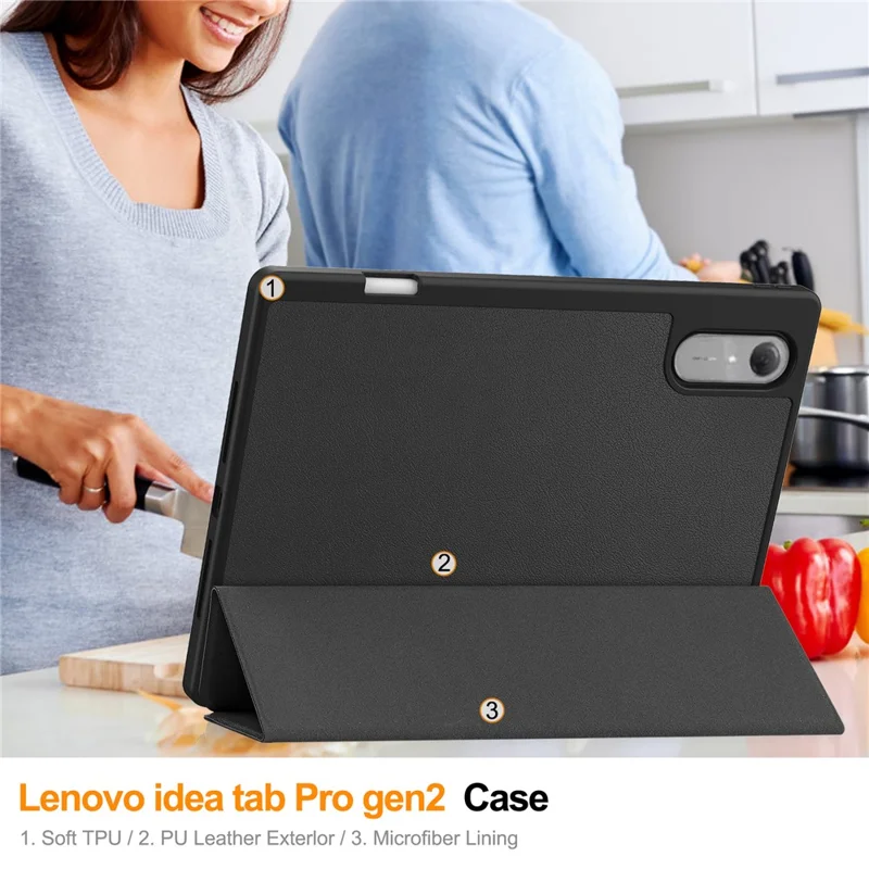 For Lenovo Idea Tab Pro Gen 2 Stand Case Shock-Absorbent Leather Tablet Cover with Pen Slot - Black
