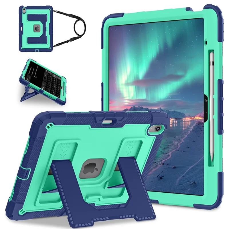 Tablet-Hülle für iPad Air 13 (2026) mit Ständer und Haltegurt, stoßfest, PC + Silikon, in Marineblau / Mintgrün