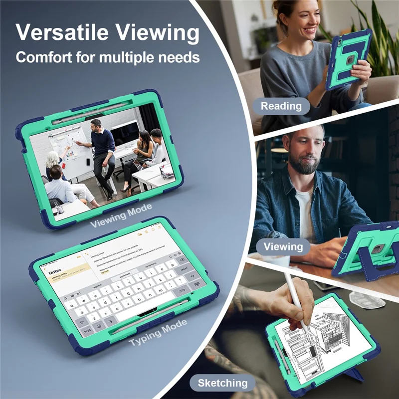 Tablet-Hülle für iPad Air 13 (2026) mit Ständer und Haltegurt, stoßfest, PC + Silikon, in Marineblau / Mintgrün