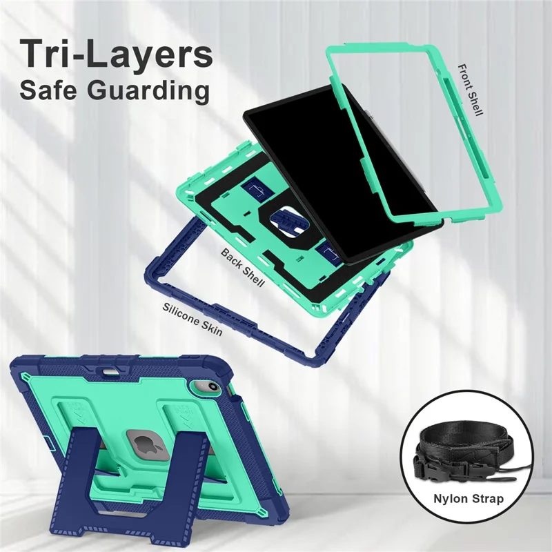 Tablet-Hülle für iPad Air 13 (2026) mit Ständer und Haltegurt, stoßfest, PC + Silikon, in Marineblau / Mintgrün