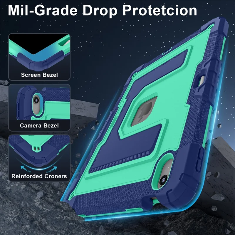 Tablet-Hülle für iPad Air 13 (2026) mit Ständer und Haltegurt, stoßfest, PC + Silikon, in Marineblau / Mintgrün