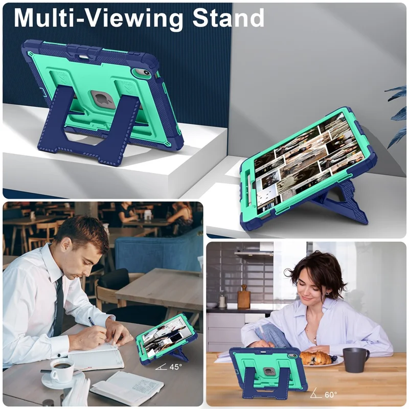 Tablet-Hülle für iPad Air 13 (2026) mit Ständer und Haltegurt, stoßfest, PC + Silikon, in Marineblau / Mintgrün