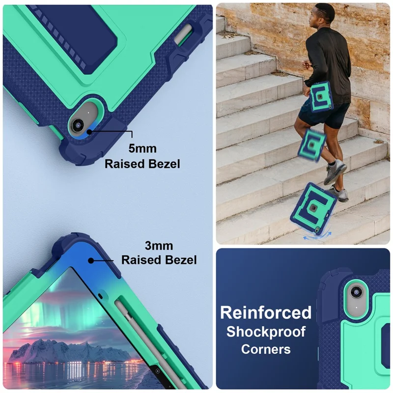 Tablet-Hülle für iPad Air 13 (2026) mit Ständer und Haltegurt, stoßfest, PC + Silikon, in Marineblau / Mintgrün