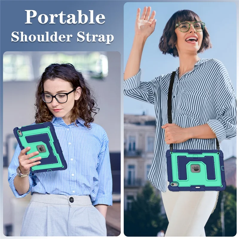 Tablet-Hülle für iPad Air 13 (2026) mit Ständer und Haltegurt, stoßfest, PC + Silikon, in Marineblau / Mintgrün