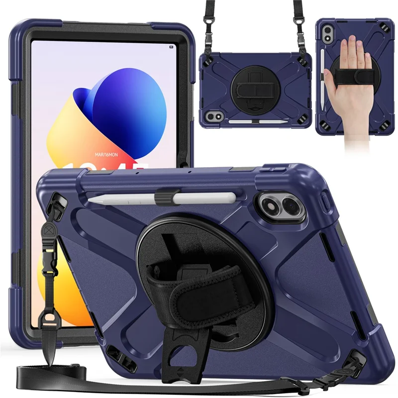 For Xiaomi Redmi Pad 2 Pro Kickstand Case TPU PC Silicone Tablet Cover with Hand Band  /  Shoulder Strap - Navy Blue