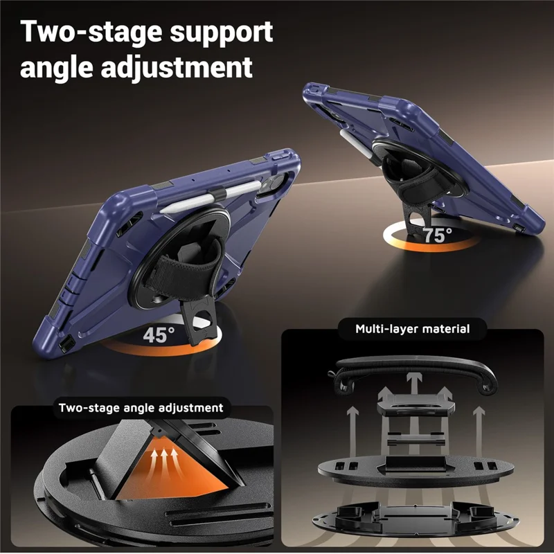 For Xiaomi Redmi Pad 2 Pro Kickstand Case TPU PC Silicone Tablet Cover with Hand Band  /  Shoulder Strap - Navy Blue