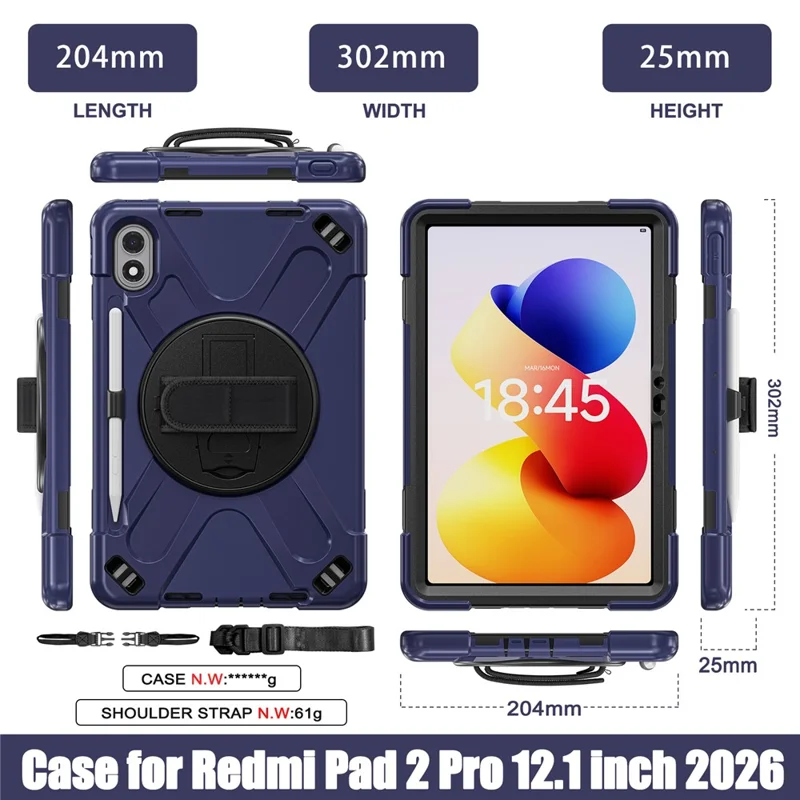 For Xiaomi Redmi Pad 2 Pro Kickstand Case TPU PC Silicone Tablet Cover with Hand Band  /  Shoulder Strap - Navy Blue