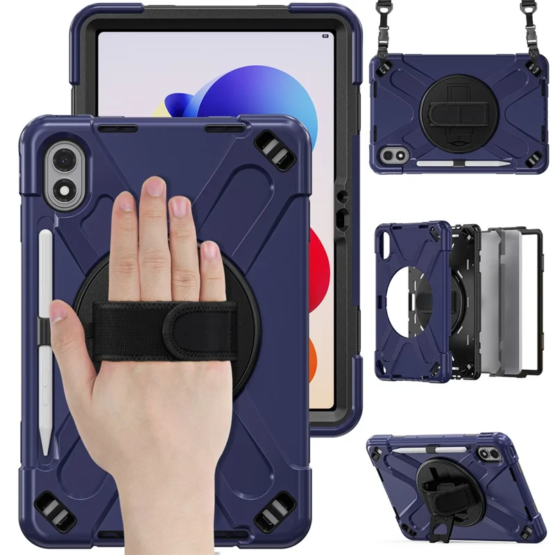 For Xiaomi Redmi Pad 2 Pro Kickstand Case TPU PC Silicone Tablet Cover with Hand Band  /  Shoulder Strap - Navy Blue