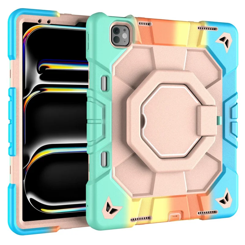 Case For iPad Pro 13 (2025)  /  (2024) with Hand Grip Kickstand PC + Silicone Tablet Cover - Rainbow+Pink