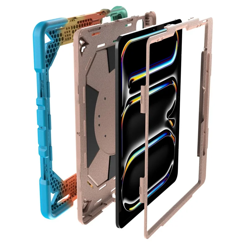 Case For iPad Pro 13 (2025)  /  (2024) with Hand Grip Kickstand PC + Silicone Tablet Cover - Rainbow+Pink