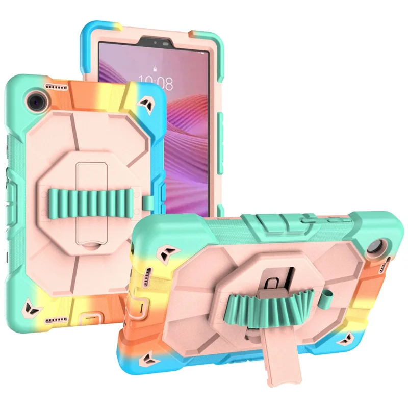 For Lenovo Tab K9 Case with Kickstand Wrist Strap PC + Silicone Tablet Cover - Rainbow+Pink