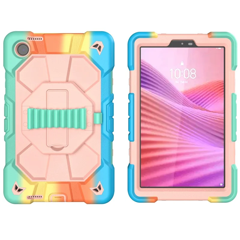 For Lenovo Tab K9 Case with Kickstand Wrist Strap PC + Silicone Tablet Cover - Rainbow+Pink