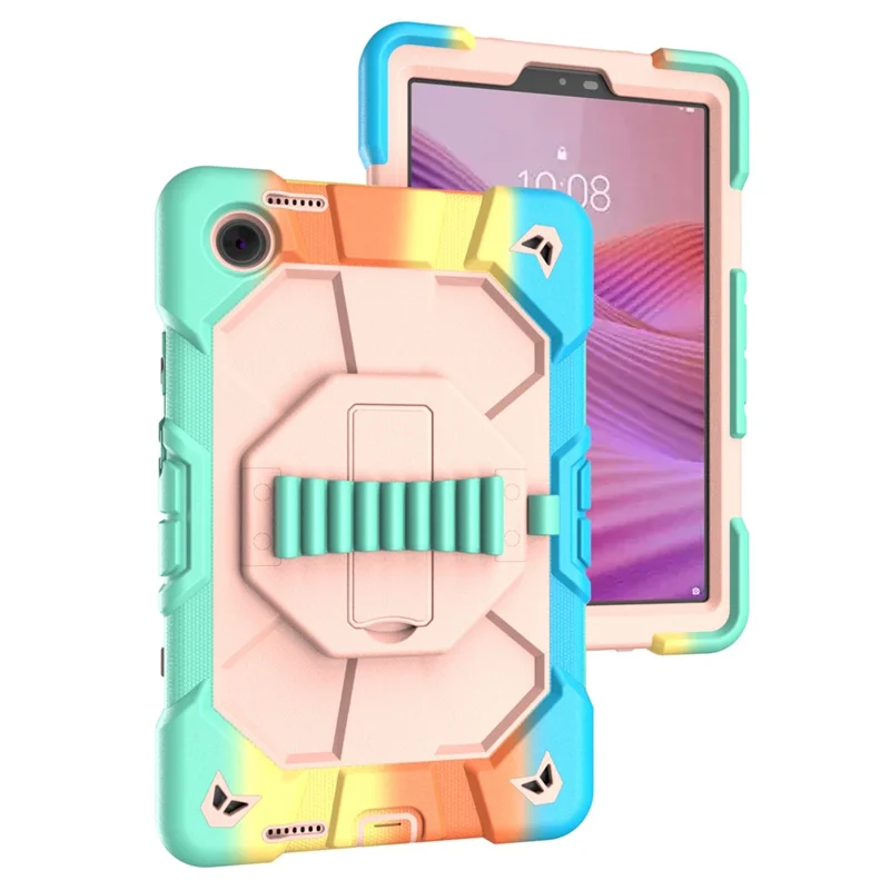 For Lenovo Tab K9 Case with Kickstand Wrist Strap PC + Silicone Tablet Cover - Rainbow+Pink