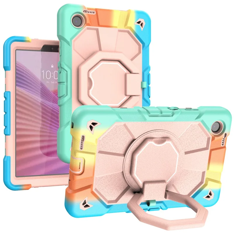 For Lenovo Tab K9 Case with Hand Grip Kickstand PC + Silicone Tablet Cover - Rainbow+Pink
