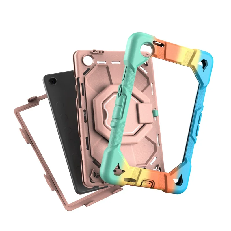 For Lenovo Tab K9 Case with Hand Grip Kickstand PC + Silicone Tablet Cover - Rainbow+Pink