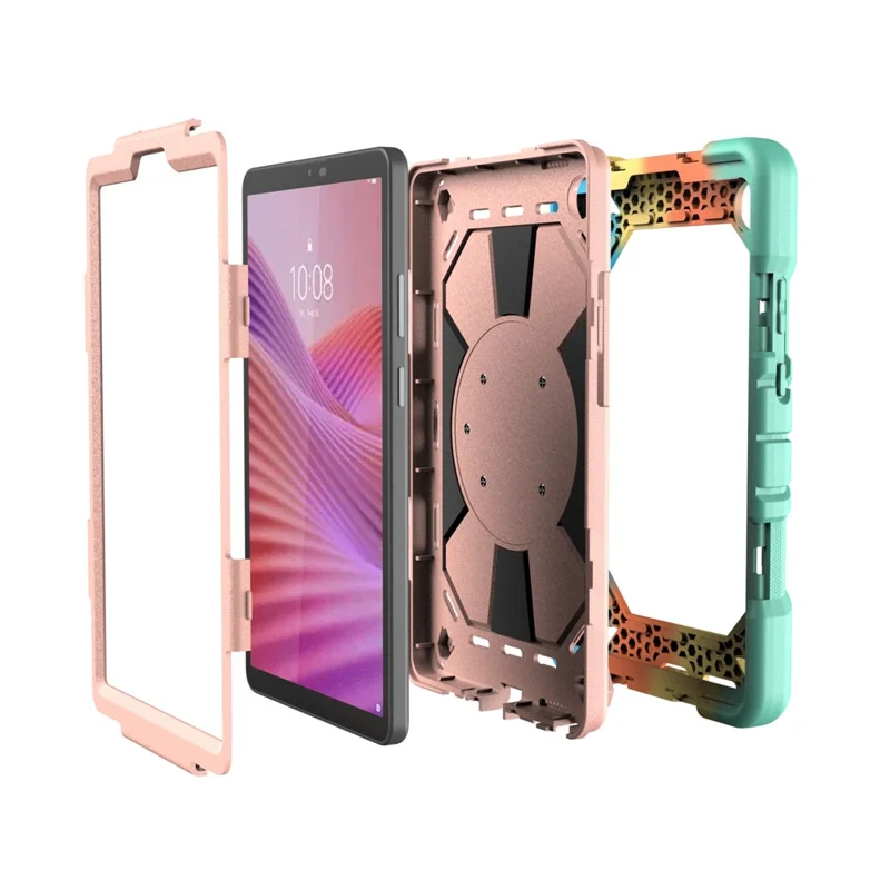 For Lenovo Tab K9 Case with Hand Grip Kickstand PC + Silicone Tablet Cover - Rainbow+Pink
