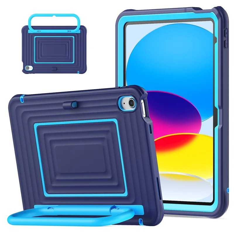 Tablet Case for iPad (2025)  /  10.9 (2022) Wavy Texture Silicone PC Cover with Kickstand  /  Shoulder Strap - Navy Blue