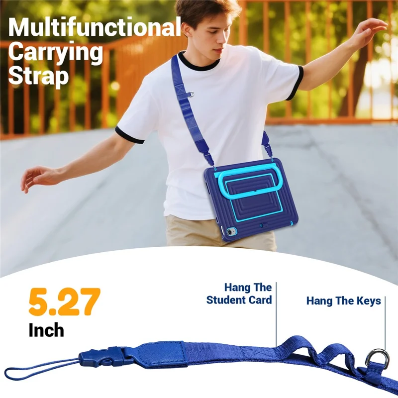 Tablet Case for iPad (2025)  /  10.9 (2022) Wavy Texture Silicone PC Cover with Kickstand  /  Shoulder Strap - Navy Blue