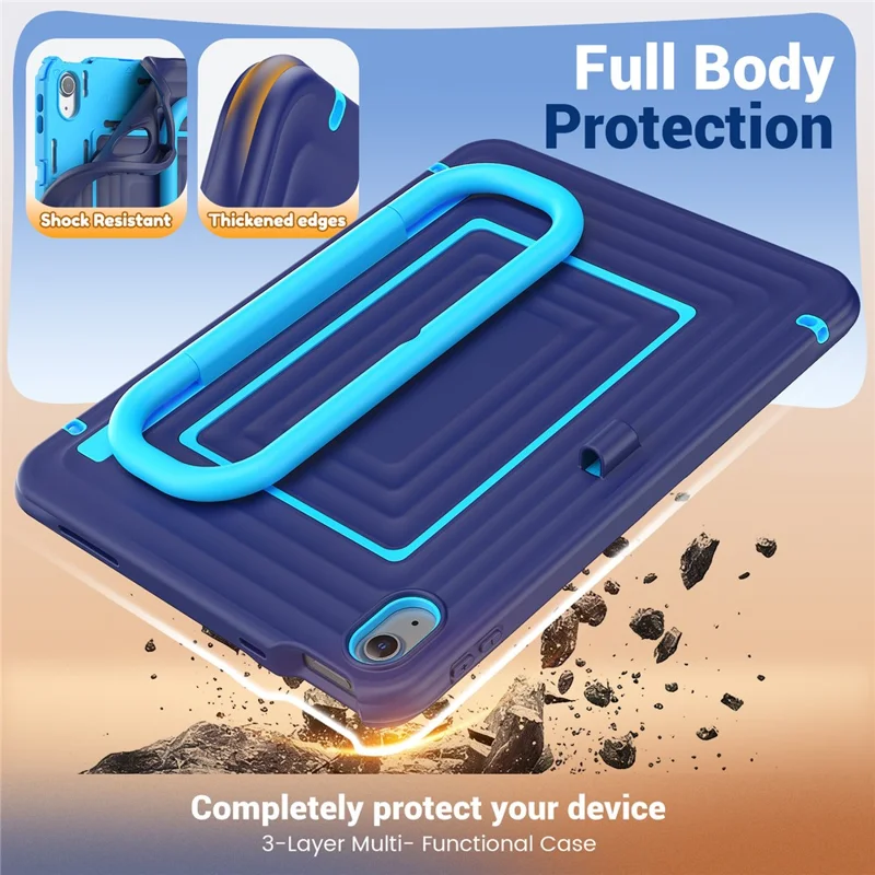 Tablet Case for iPad (2025)  /  10.9 (2022) Wavy Texture Silicone PC Cover with Kickstand  /  Shoulder Strap - Navy Blue