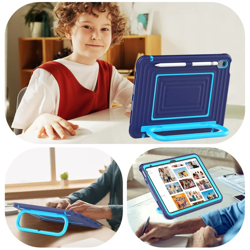 Tablet Case for iPad (2025)  /  10.9 (2022) Wavy Texture Silicone PC Cover with Kickstand  /  Shoulder Strap - Navy Blue