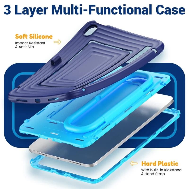 Tablet Case for iPad (2025)  /  10.9 (2022) Wavy Texture Silicone PC Cover with Kickstand  /  Shoulder Strap - Navy Blue