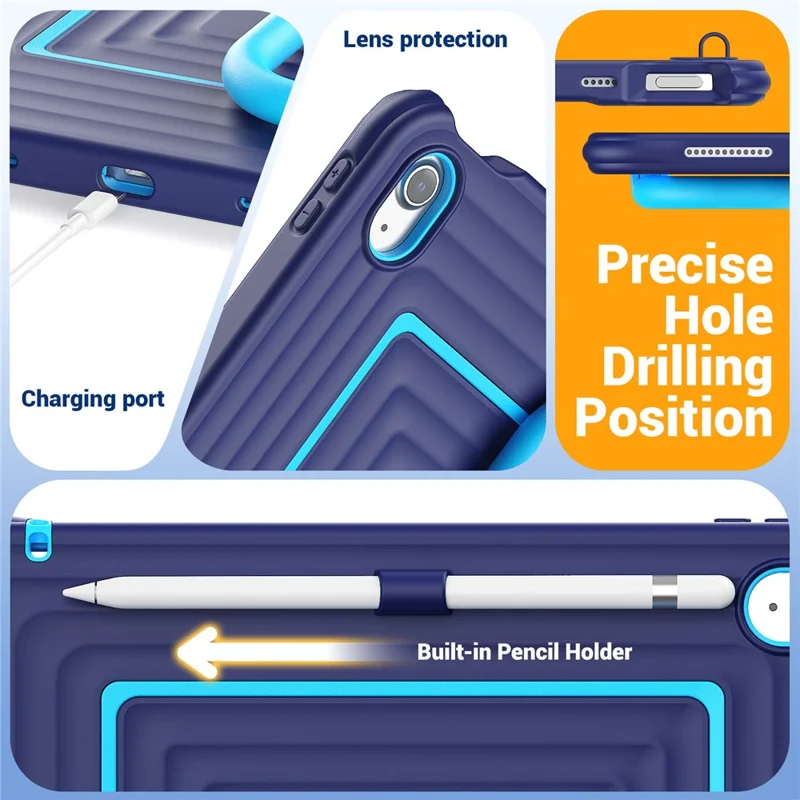 Tablet Case for iPad (2025)  /  10.9 (2022) Wavy Texture Silicone PC Cover with Kickstand  /  Shoulder Strap - Navy Blue