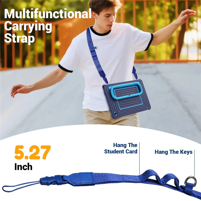 For Samsung Galaxy Tab A11+ Tablet Case Wavy Texture Silicone PC Cover with Kickstand  /  Shoulder Strap - Navy Blue