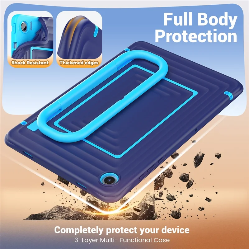 For Samsung Galaxy Tab A11+ Tablet Case Wavy Texture Silicone PC Cover with Kickstand  /  Shoulder Strap - Navy Blue