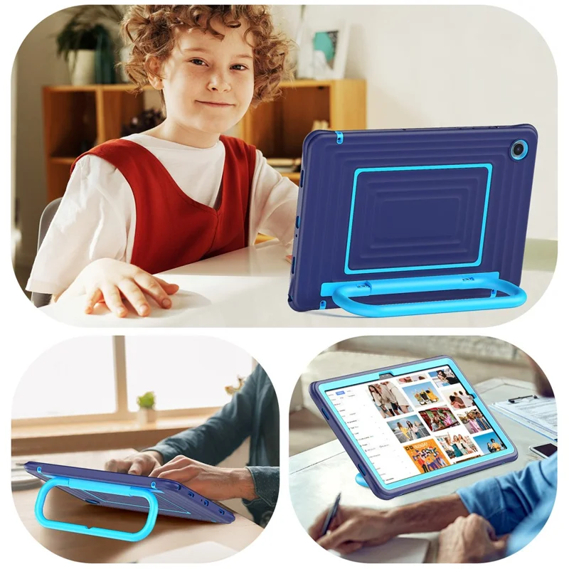 For Samsung Galaxy Tab A11+ Tablet Case Wavy Texture Silicone PC Cover with Kickstand  /  Shoulder Strap - Navy Blue