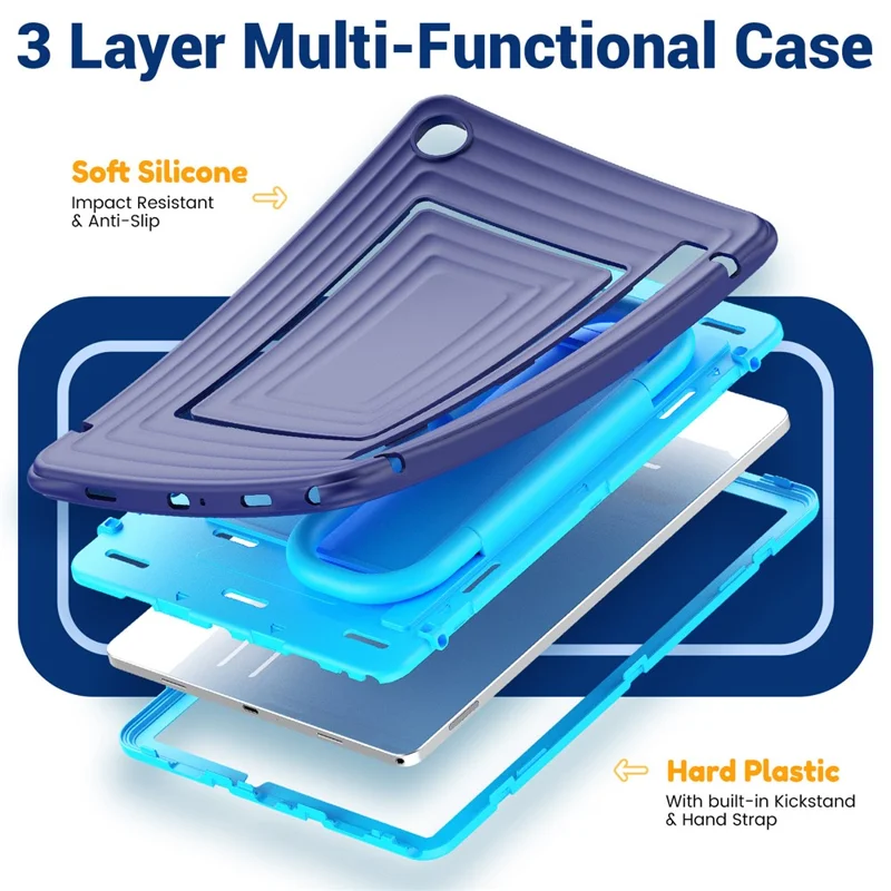 For Samsung Galaxy Tab A11+ Tablet Case Wavy Texture Silicone PC Cover with Kickstand  /  Shoulder Strap - Navy Blue