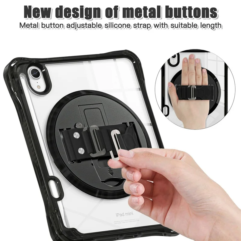 Tablet Case for iPad mini (2024)  /  (2021) Kickstand Clear PC TPU Shockproof Full Body Protective Cover with 360° Rotating Hand Strap  /  Shoulder Strap - Black