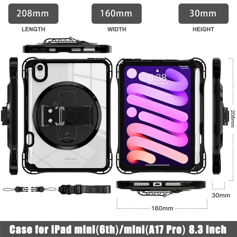 Tablet Case for iPad mini (2024)  /  (2021) Kickstand Clear PC TPU Shockproof Full Body Protective Cover with 360° Rotating Hand Strap  /  Shoulder Strap - Black