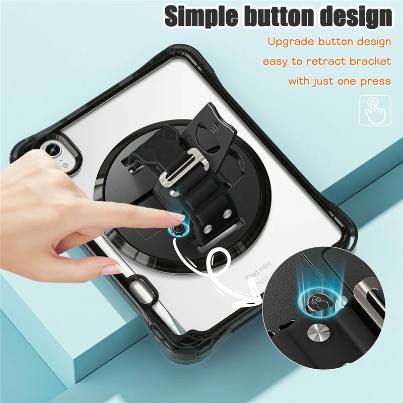 Tablet Case for iPad mini (2024)  /  (2021) Kickstand Clear PC TPU Shockproof Full Body Protective Cover with 360° Rotating Hand Strap  /  Shoulder Strap - Black