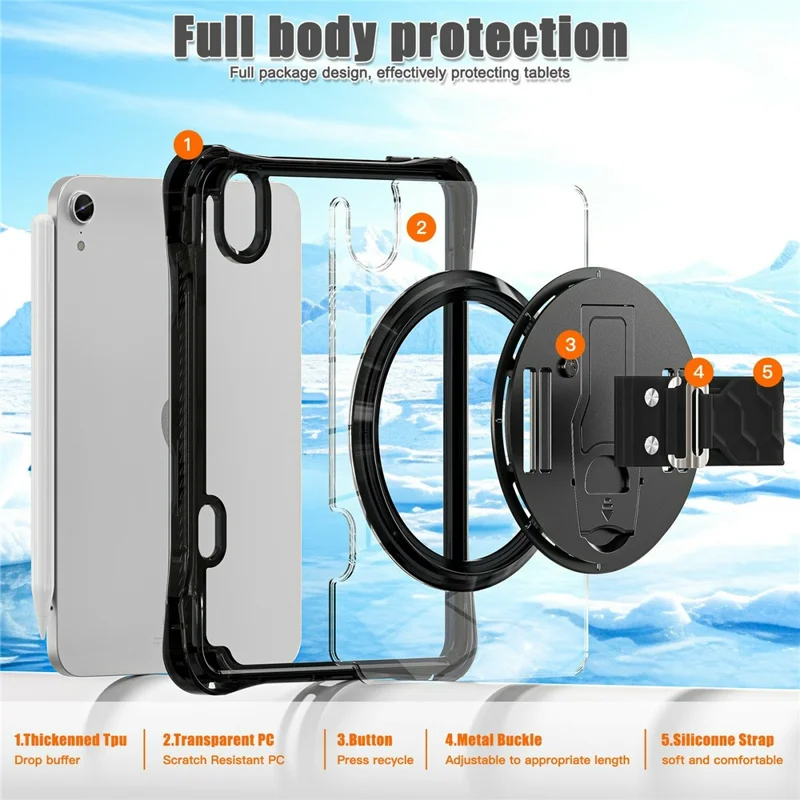 Tablet Case for iPad mini (2024)  /  (2021) Kickstand Clear PC TPU Shockproof Full Body Protective Cover with 360° Rotating Hand Strap  /  Shoulder Strap - Black
