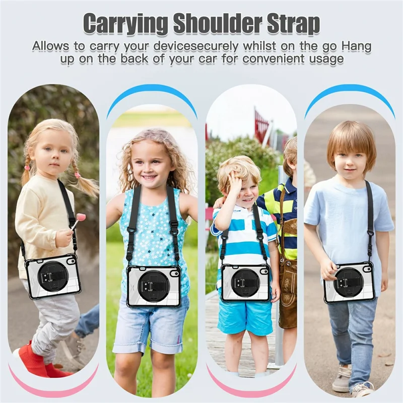 Tablet Case for iPad mini (2024)  /  (2021) Kickstand Clear PC TPU Shockproof Full Body Protective Cover with 360° Rotating Hand Strap  /  Shoulder Strap - Black