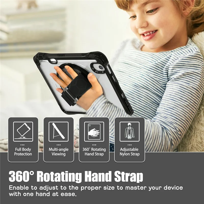 Tablet Case for iPad mini (2024)  /  (2021) Kickstand Clear PC TPU Shockproof Full Body Protective Cover with 360° Rotating Hand Strap  /  Shoulder Strap - Black