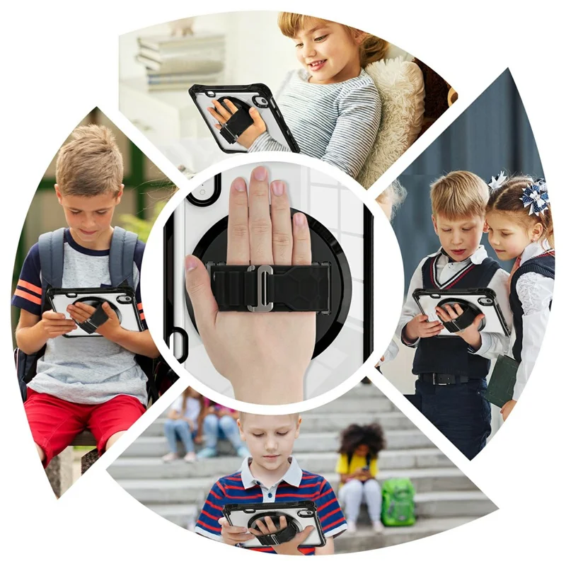 Tablet Case for iPad mini (2024)  /  (2021) Kickstand Clear PC TPU Shockproof Full Body Protective Cover with 360° Rotating Hand Strap  /  Shoulder Strap - Black