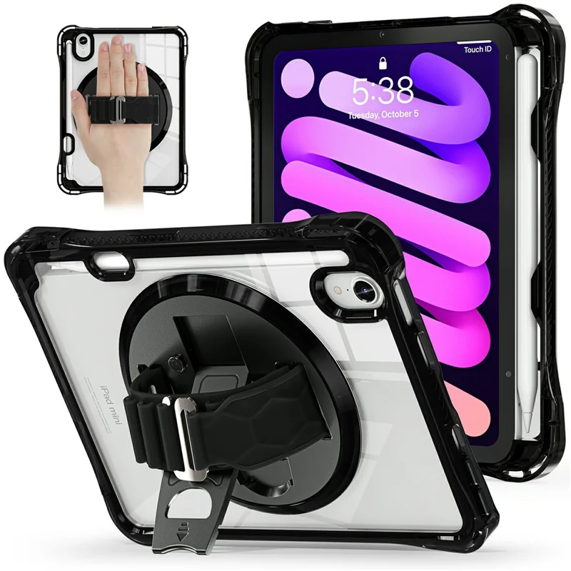 Coque pour tablette iPad mini (2024) / (2021) avec support inclinable, coque transparente en PC TPU antichoc avec dragonne rotative à 360° - Noir