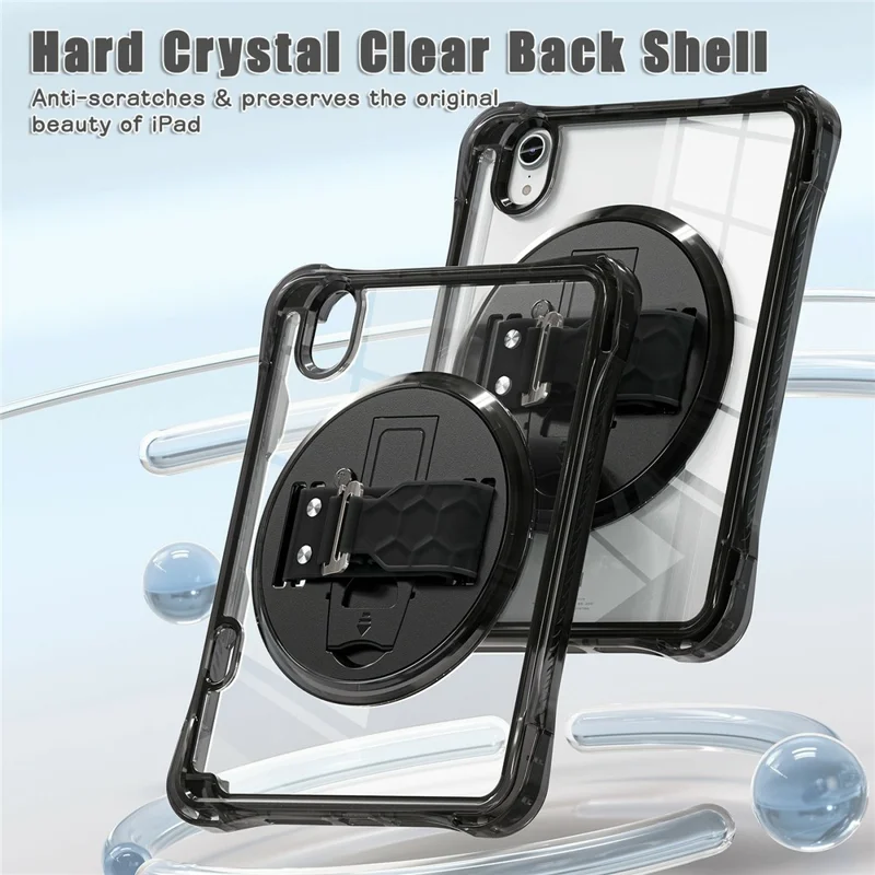 Coque pour tablette iPad mini (2024) / (2021) avec support inclinable, coque transparente en PC TPU antichoc avec dragonne rotative à 360° - Noir