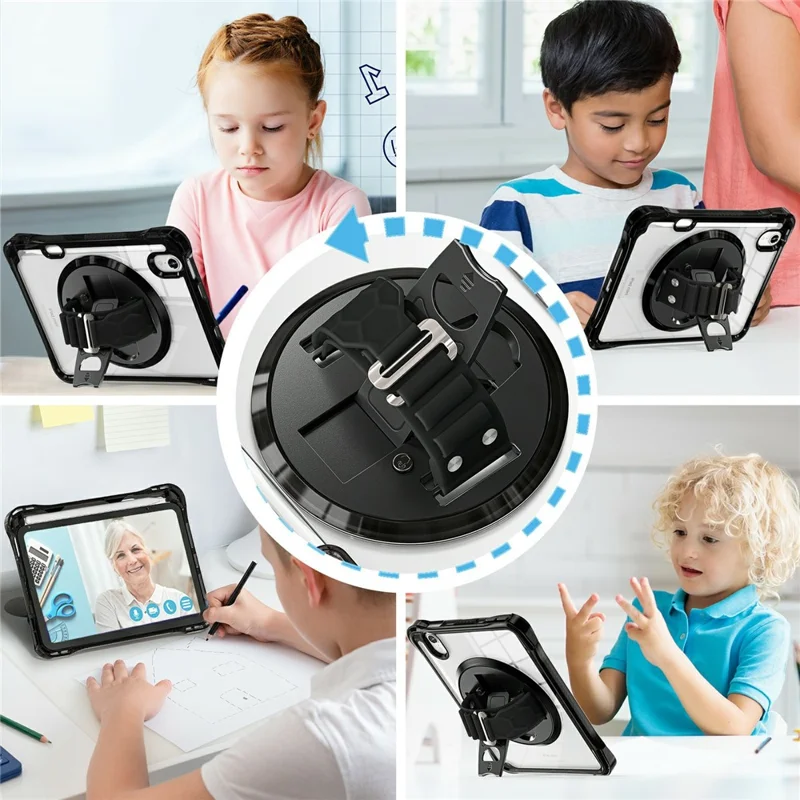 Coque pour tablette iPad mini (2024) / (2021) avec support inclinable, coque transparente en PC TPU antichoc avec dragonne rotative à 360° - Noir