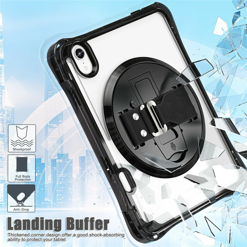 Coque pour tablette iPad mini (2024) / (2021) avec support inclinable, coque transparente en PC TPU antichoc avec dragonne rotative à 360° - Noir