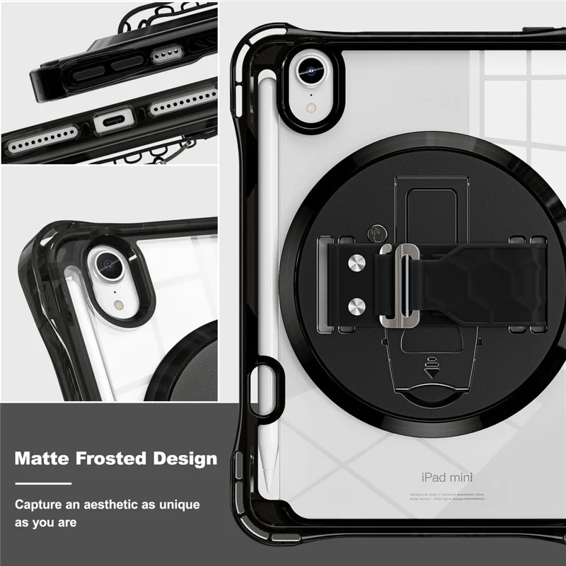 Coque pour tablette iPad mini (2024) / (2021) avec support inclinable, coque transparente en PC TPU antichoc avec dragonne rotative à 360° - Noir